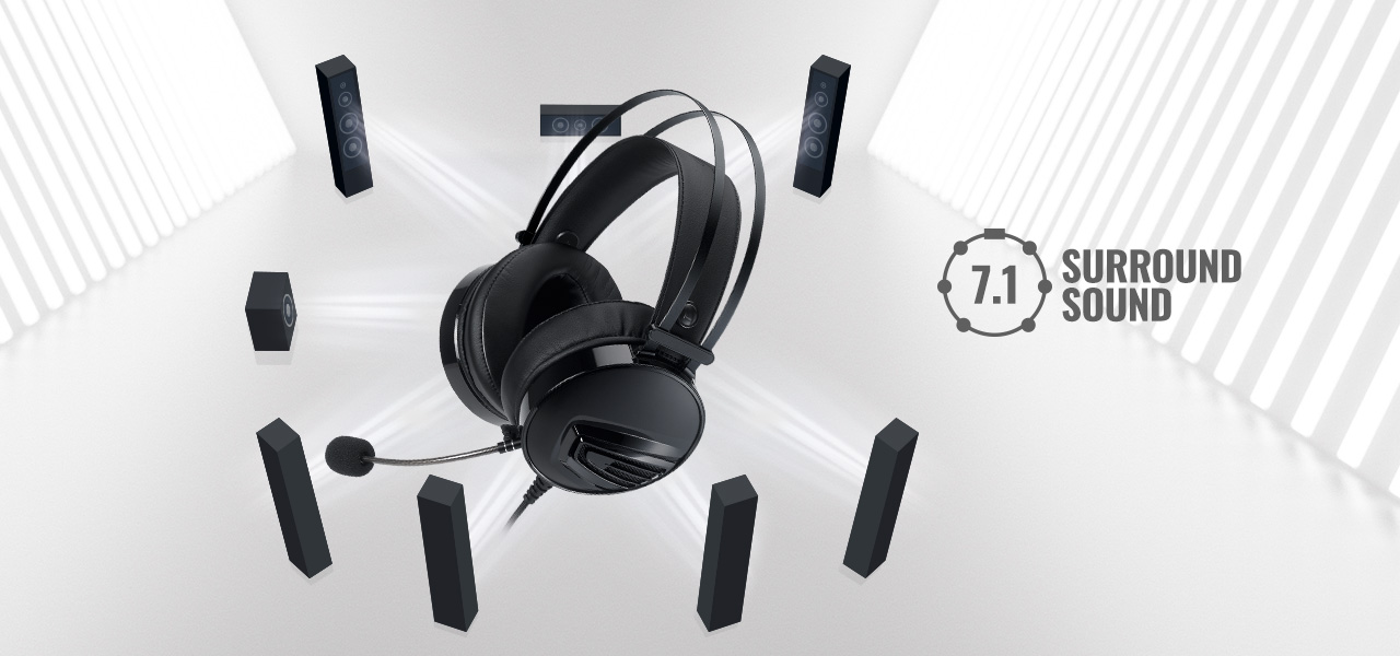Rosewill NEBULA GX51 headset with graphic surround speakers around it