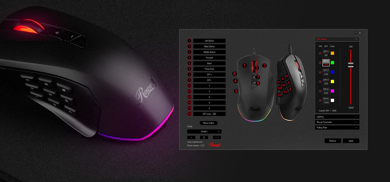 Rosewill RGB Gaming Mouse with Interchangeable Side Plates Angled Up to the Left Next to the Customization Sofware Window