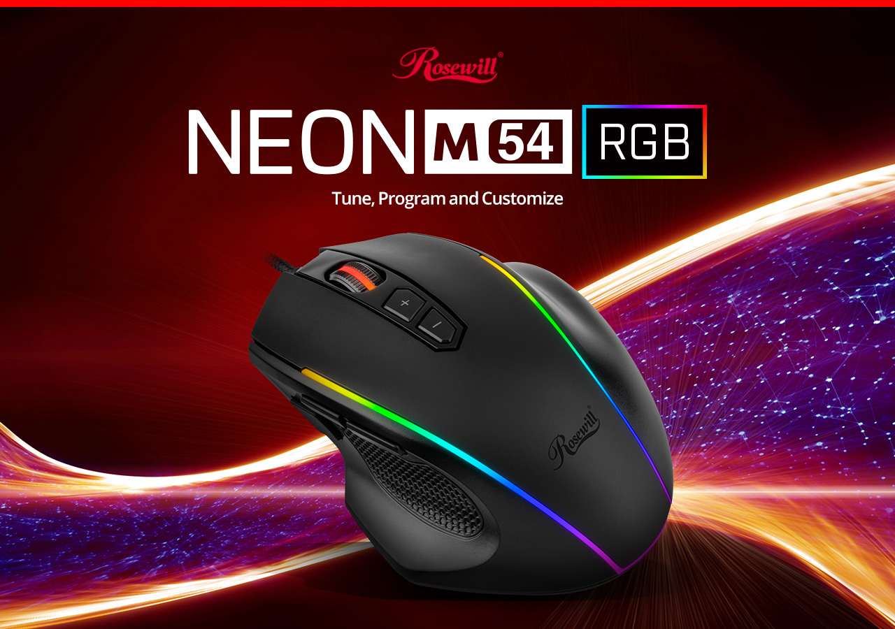 Rosewill NEON M54 with colorful background light. text on  the background read:NEON M54 RGB Tune, Program and Customize