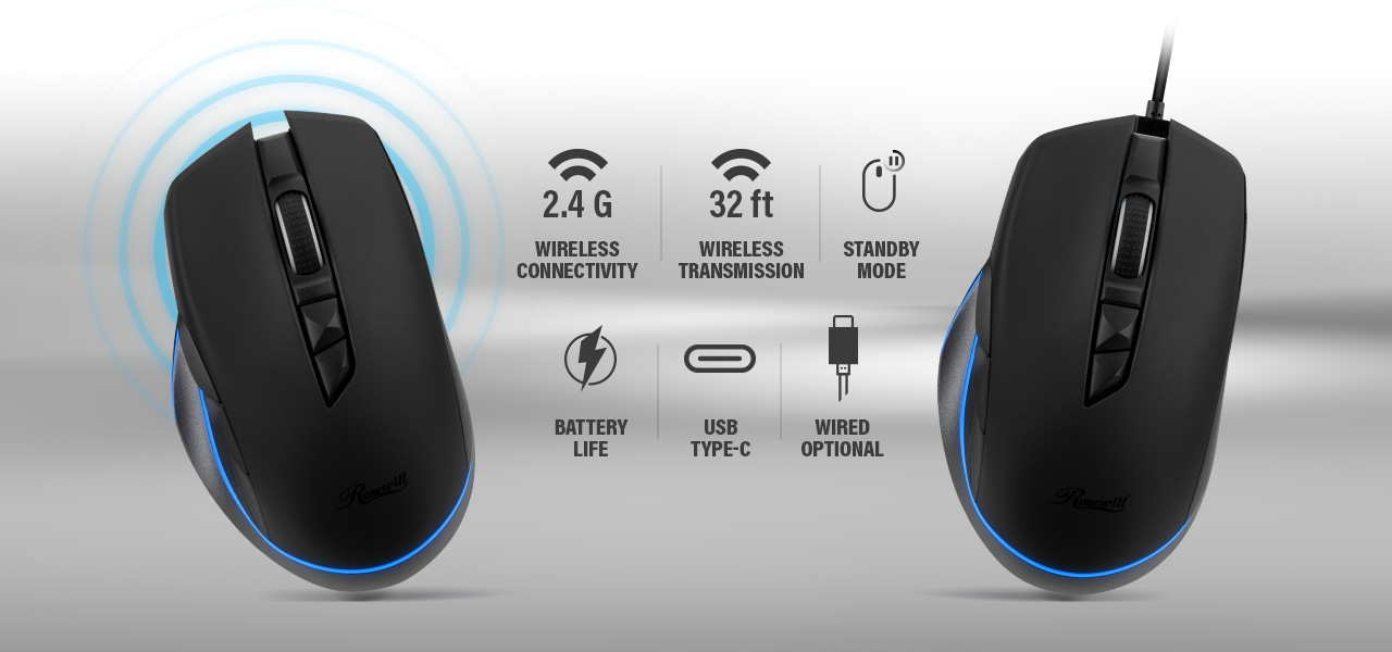 two mouse with 2.4G WIRESS CONNECTIVITY.32 ft WIRELESS TRANSMISSION. STANDBY MODE BATTERT LIFE.USB-TYPE-C AND WIRED OPTIONAL text and icon in the middle of the 2 mouses