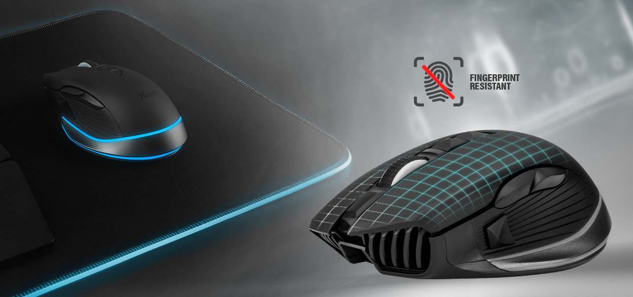 Rosewill NEON M61 Gaming Mouse on a mouse pad and FINGERPRINT RESISTANT ICON on the top 