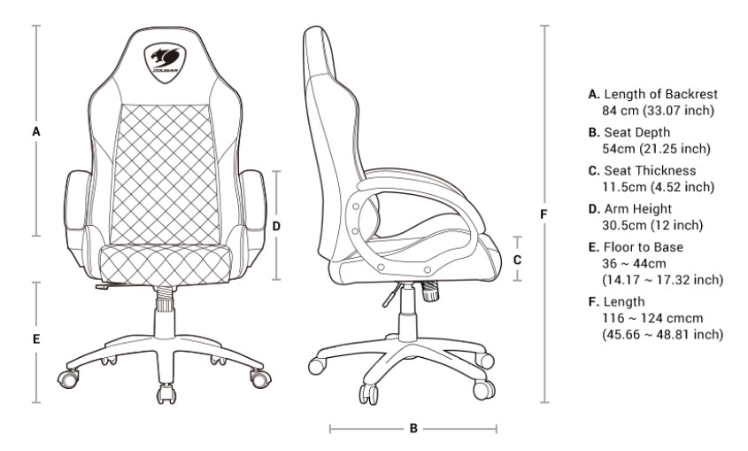 Specification chart and front + side facing images of the chair. Text reads: a) length of backrest is 33.07 inches (84 centimeters), b) seat depth is 21.25 inches (54 centimeters), c) seat thickness is 4.52 inches (11.5 centimeters), d) arm height is 12 inches (30.5 centimeters), e) floor to base is between 14.17 and 17.32 inches (36 to 44 centimeters) and f) length is between 45.66 and 48.81 inches (116 to 124 centimeters)