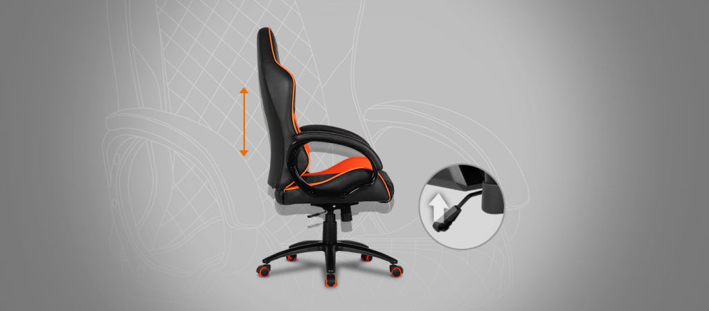 Cougar Fusion Orange Gaming chair facing to the left with a hotspot on the lever that raises the backrest up and down