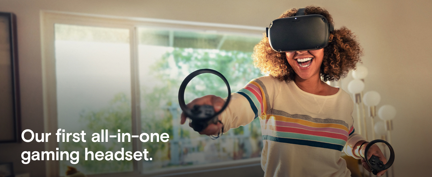 A woman in her home wearing the Oculus Rift S gear while smiling and playing. There is text that reads: Our first all-in-one gaming headset