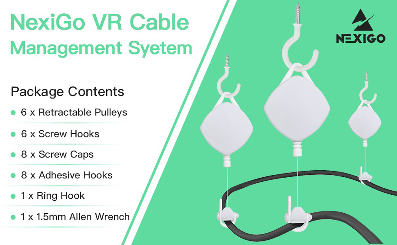 NexiGo [Pro Version] VR Cable Management System, Ceiling Hooks with  Retractable Carabiner, Pulley System for PSVR2/Quest/Rift S/Valve Index/HTC