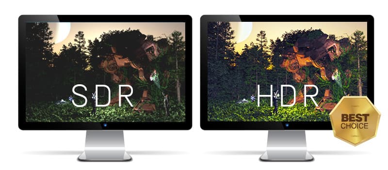 one monitor showing SDR image beside a monitor showing HDR image