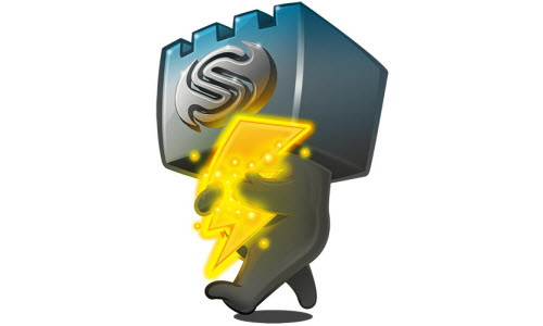 a cartoon thunerbolt character with a choke is his head