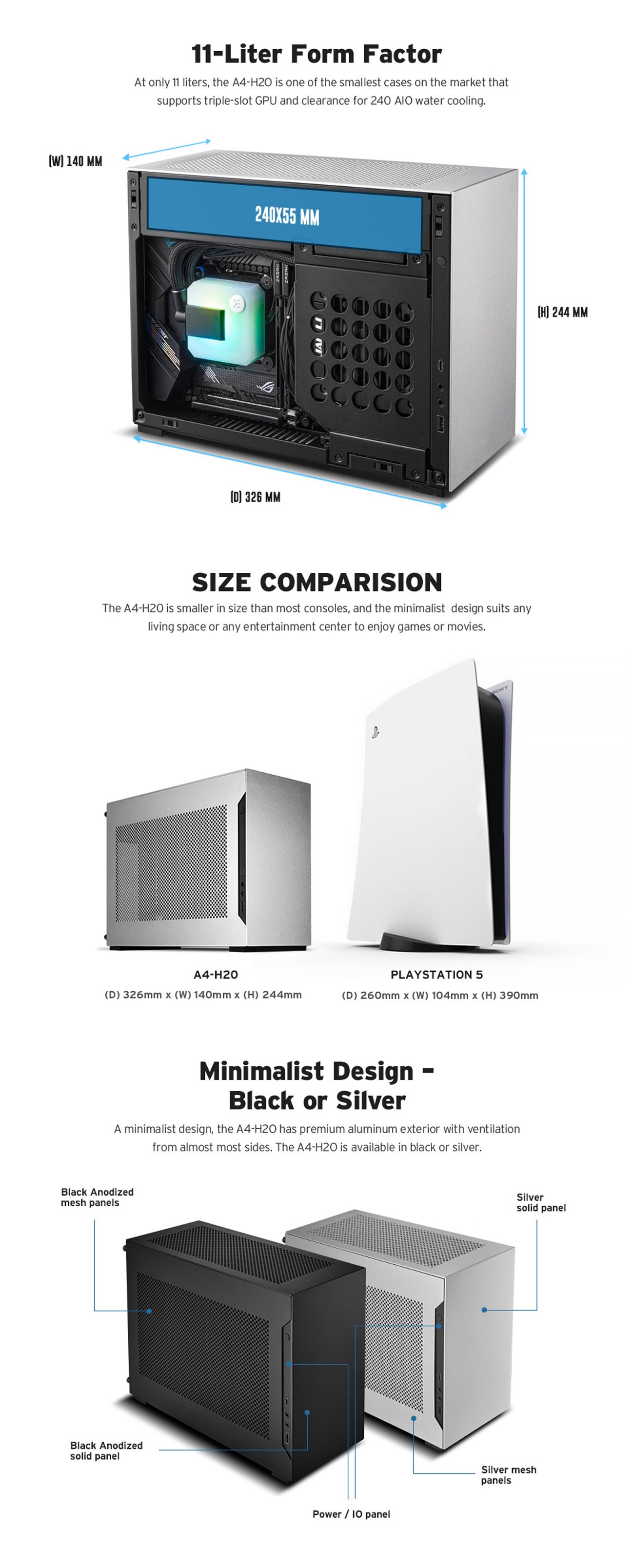 LIAN LI A4-H2O Silver SPCC / Aluminum Mini-ITX Computer Case, PCI4