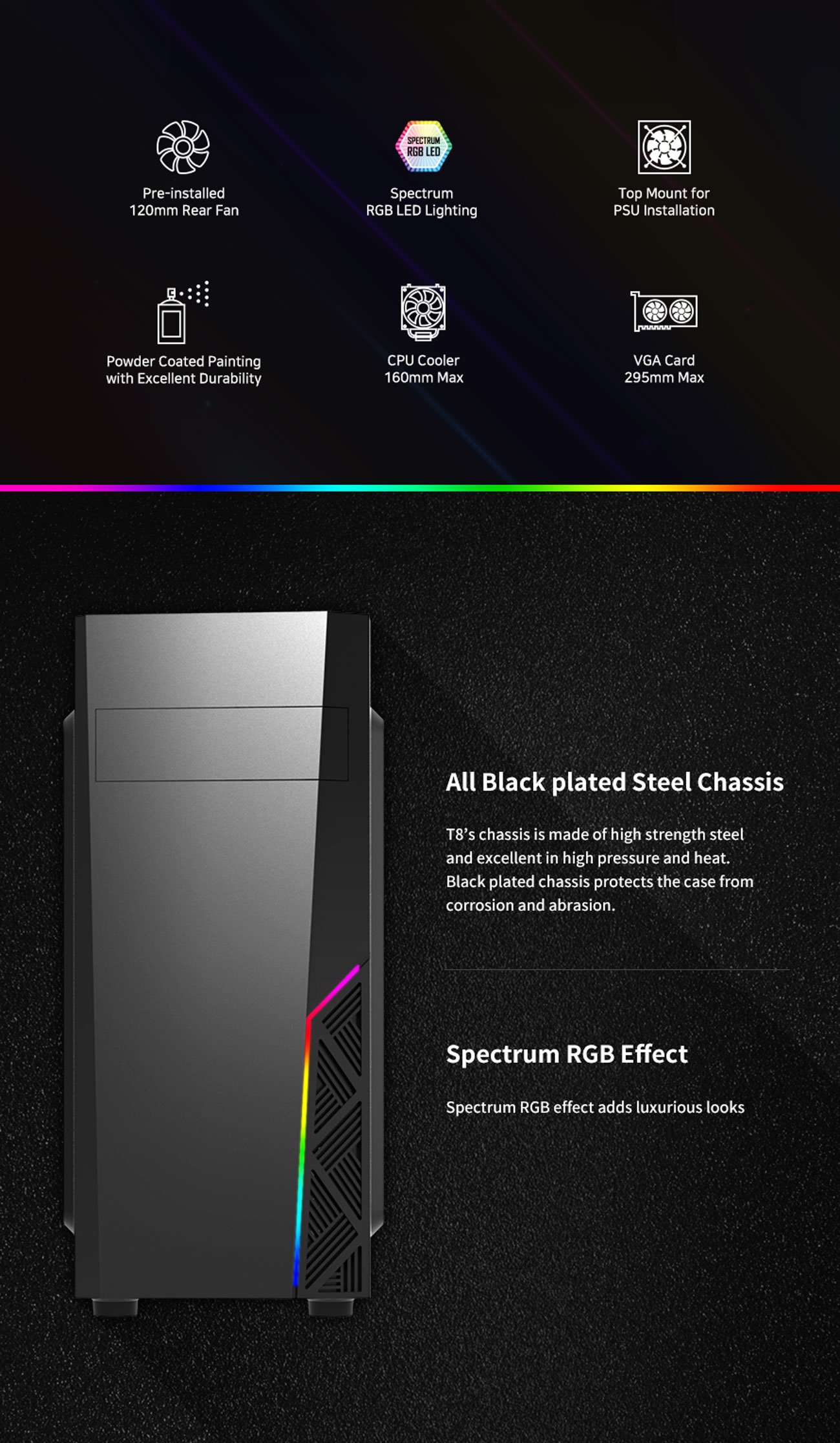 Zalman T8 ATX mid Tower pc case: Spectrum RGB Lighting, USB 3.0, 120mm ...