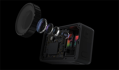 Osmo Action Angled Up to the Left with Its Internal Components removed and coming out to the left