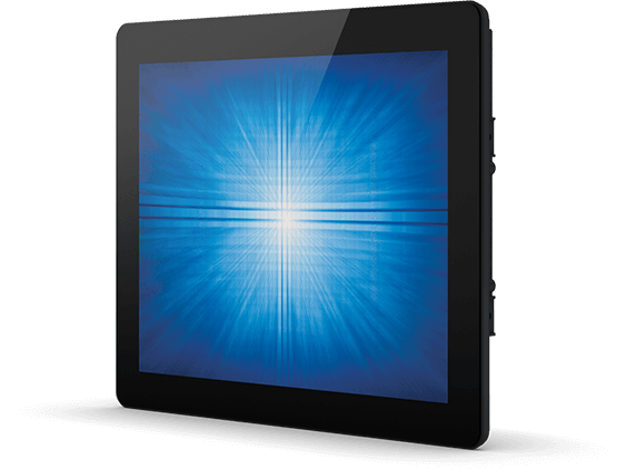 Elo 1790L touchscreen facing to the left with a blue graphic