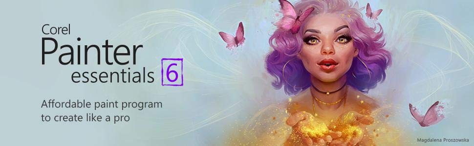 Banner for Corel Painter Essentials 6  with name on the left and an artistic picture of a gira on the right
