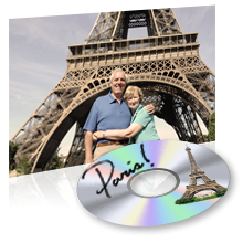 an old couple standing in front of the Eiffel Tower