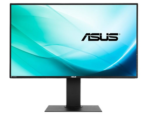 the ASUS monitor facing front with a green abstract image as screen