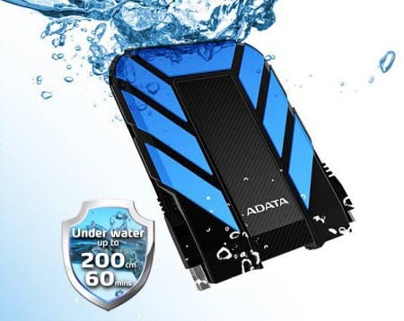 blue ADATA HD710 Pro in the water with a IP68 shield