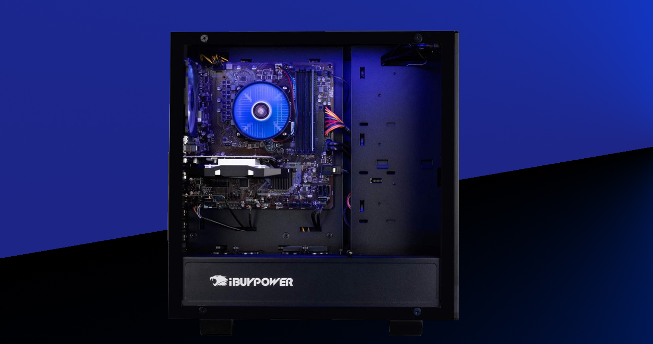 A desktop is illuminating blue light through its transparent window.