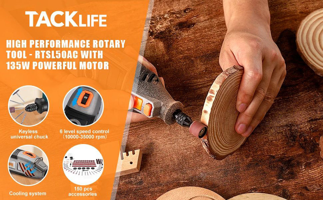 Tacklife Rotary Tool Kit - 135W Motor, Variable Speed, 150pcs Accessories