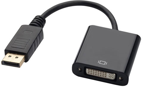  The pig-tail adapter cable on display, showing both the male DisplayPort connector and female DVI connector  