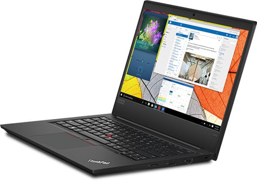 Lenovo ThinkPad E495 angled to left showing mutiple task windows