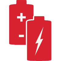 Clipart of two batteries, one with bolt signal, and the other one’s electrodes marked with plus and minus signal   