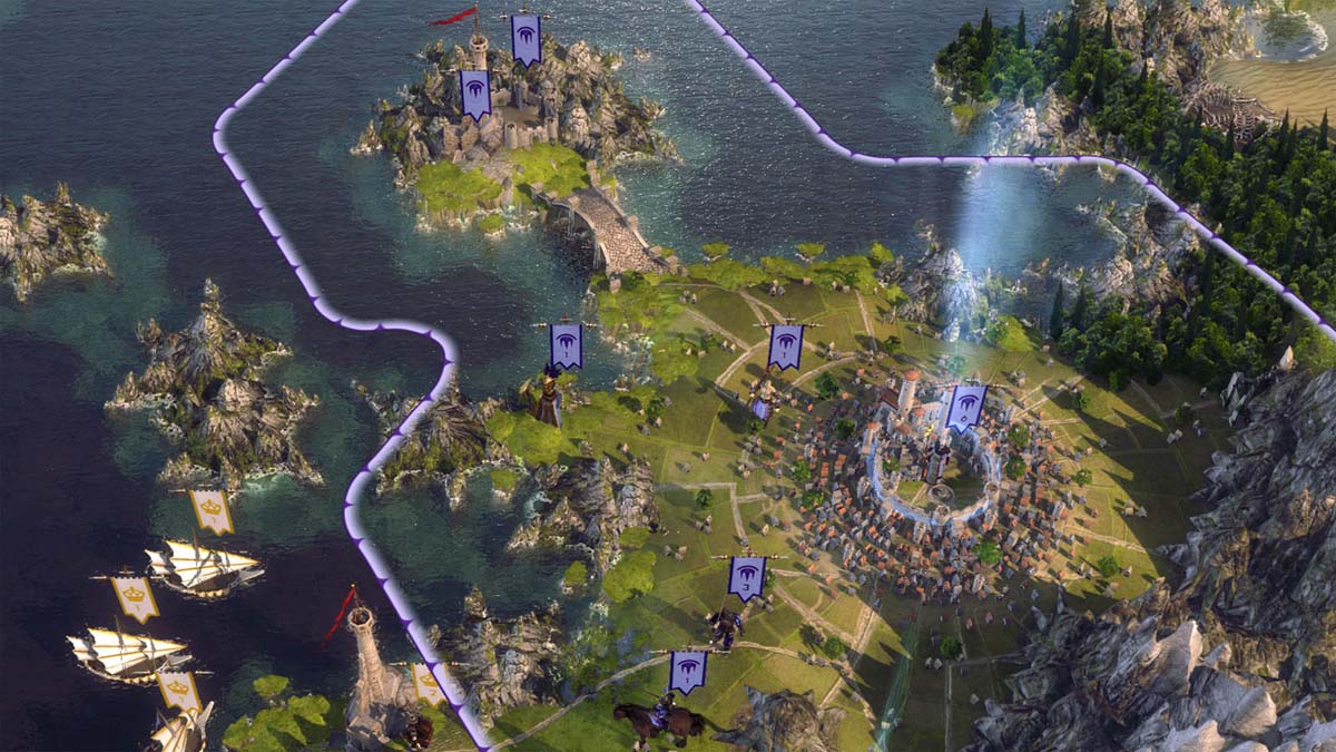 Age of Wonders III Game Screenshot Showing an overhead map of large city by the ocean