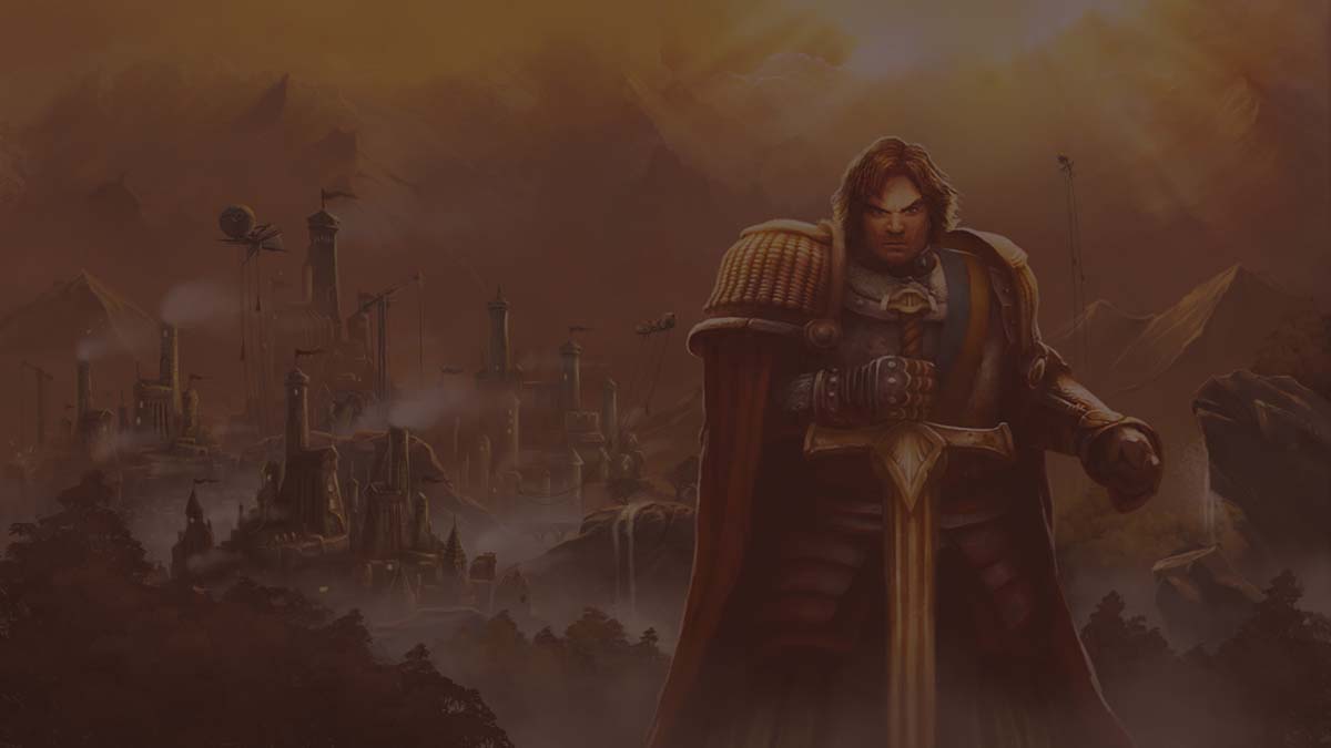 Age of Wonders III Game ARt Showing a Man with a Sword in Front of a Fantastical City Landscape