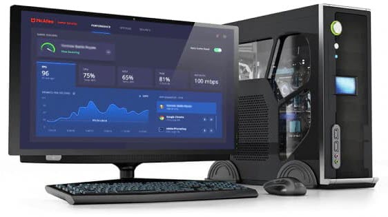 a desktop PC showing the interface of McAfee Gamer Security