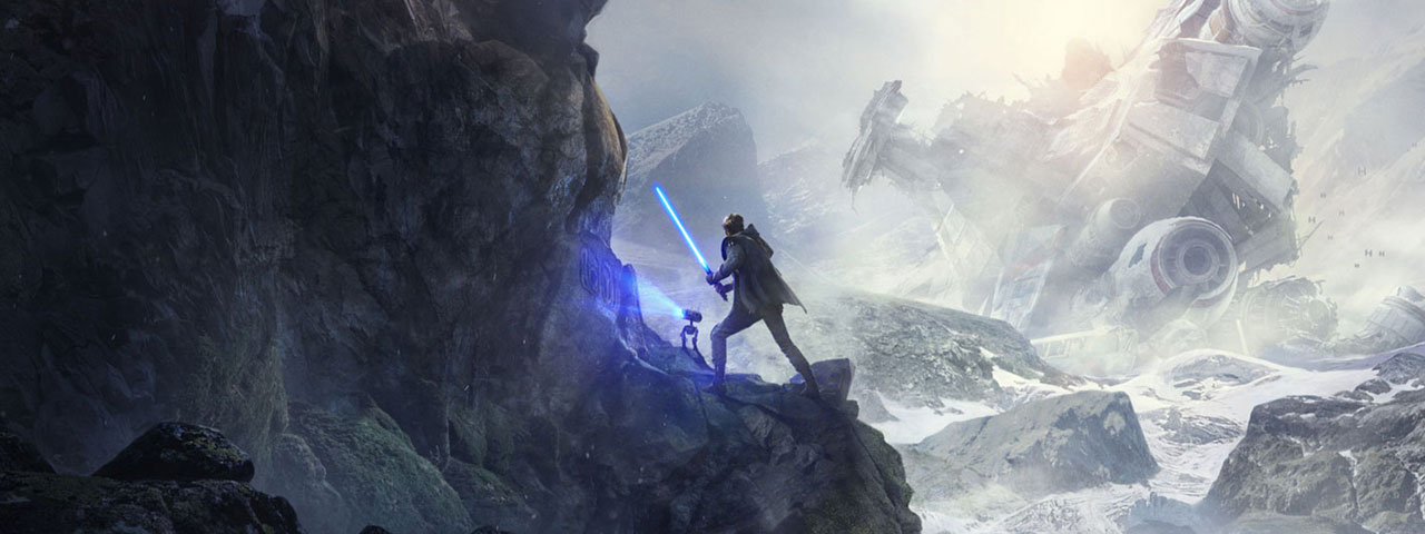 Star Wars Jedi: Fallen Order Game Concept Art Showing the Main Character with His Lightsaber Drawn Next to His Robot Companion Traveling Cliffside