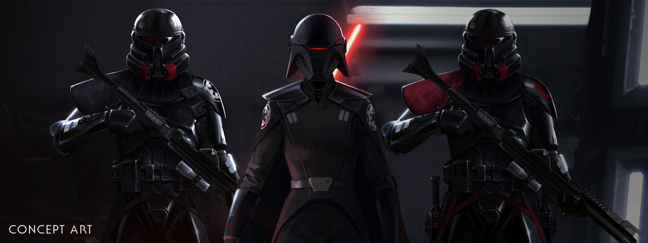 Star Wars Jedi: Fallen Order Game Concept Art Showing the Sith Inquisitor and Shadow Stormtroopers