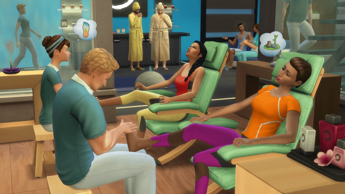 The Sims 4 Spa Day Screenshot Showing Two Female Characters Getting Foot Rubs