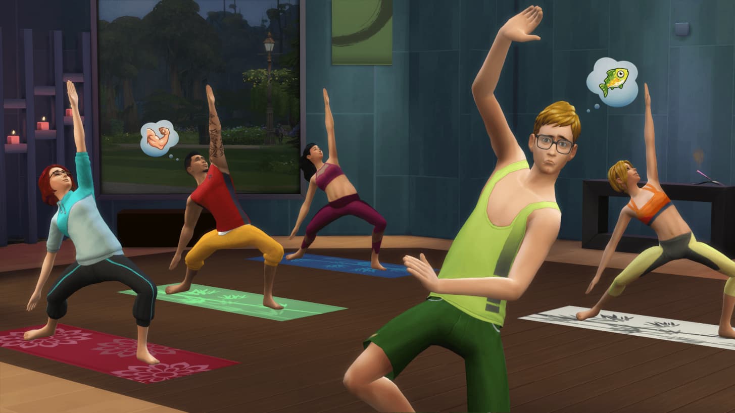 The Sims 4 Spa Day Screenshot Showing Sims in a Yoga Class, One Character Is Having a Tough Time Following