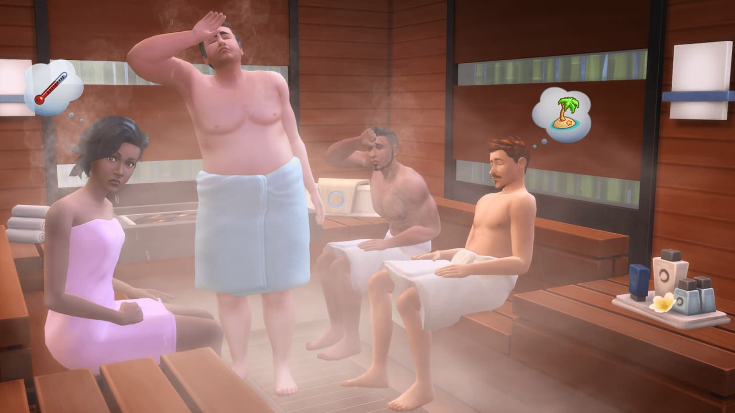The Sims 4 Spa Day Screenshot Showing Characters in a Sauna