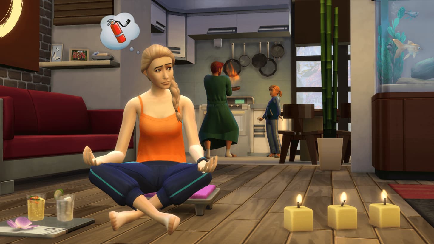The Sims 4 Spa Day Screenshot Showing a Female at Home on the Floor in Yoga Pose with Candles Next to Her, Questioning Whether She Should Have a Fire Extinguisher