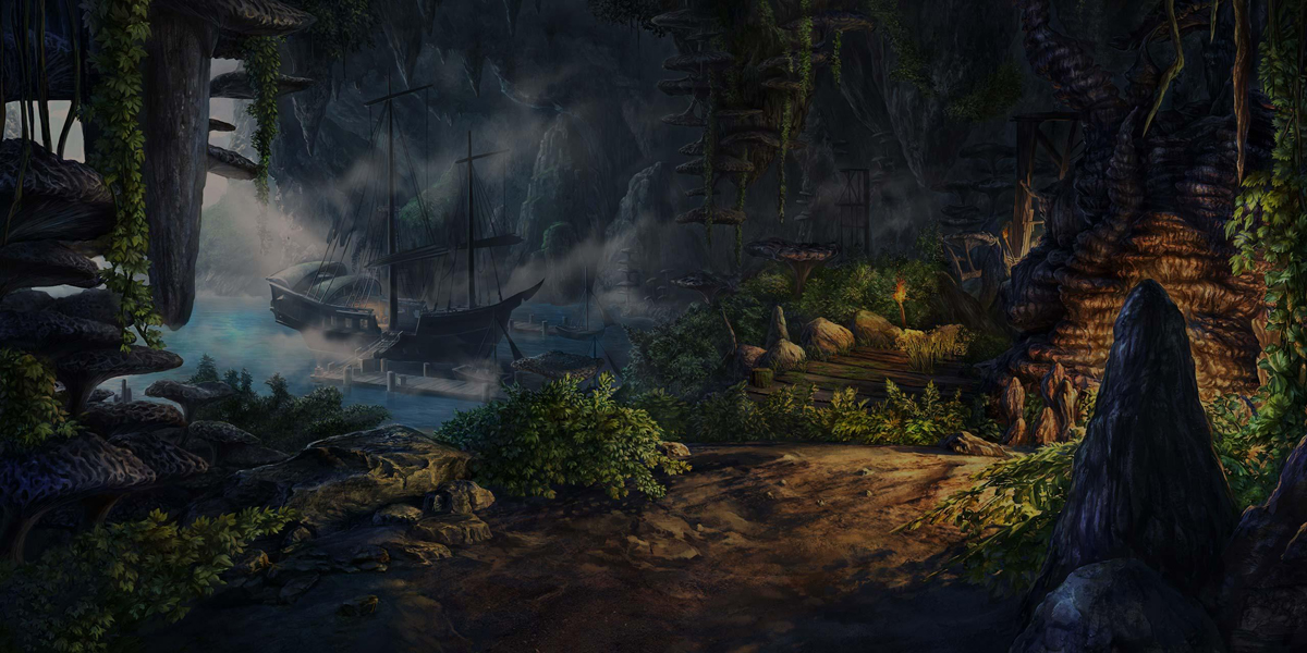 Elder Scrolls Online Game ARt Showing a Boat Harbored by a Fungi Covered Forest with a Dirt and Wood Planked Road