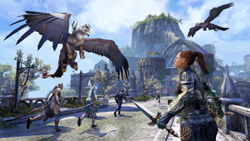 Elder Scrolls Online Screenshot Showing a Summerset Battle Between Land Warriors and Two Flying Mounted Warriors