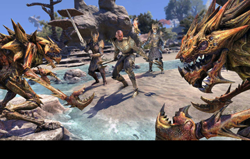 Elder Scrolls Online Summerset Combat Between Characters and Chitinous Enemies on a Rocky Beach