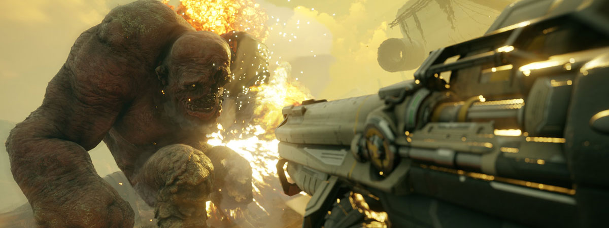  A large gun shoots a huge deformed humanoid creature 