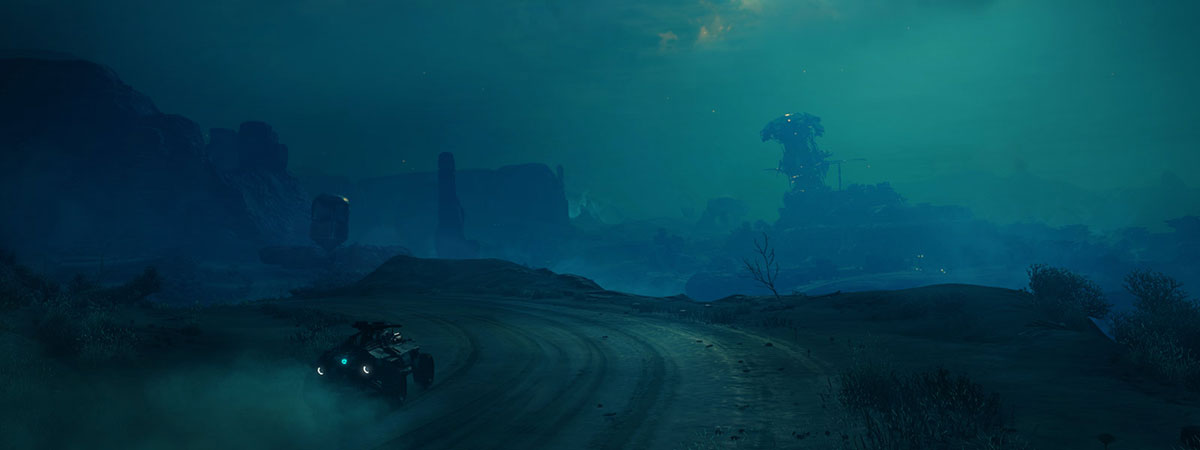 A car on a deserted road looks over a landscape of a desert wasteland  