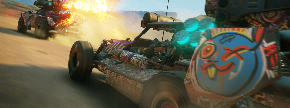  Two rugged graffiti filled vehicles engage in combat 