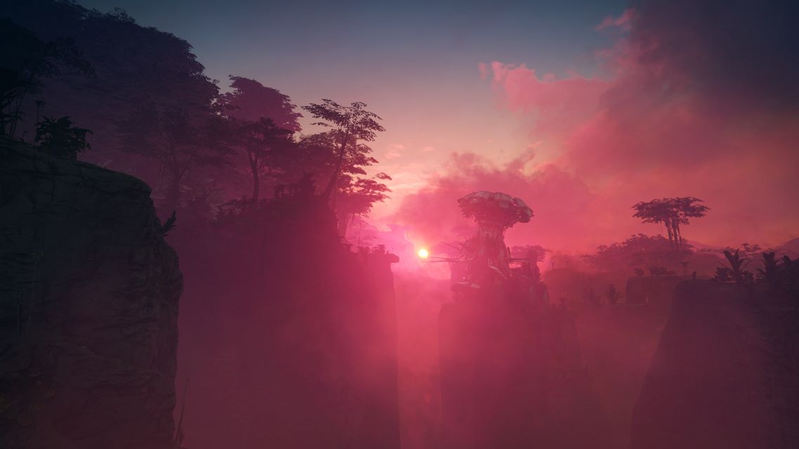 A cliffside with a red light in the distance