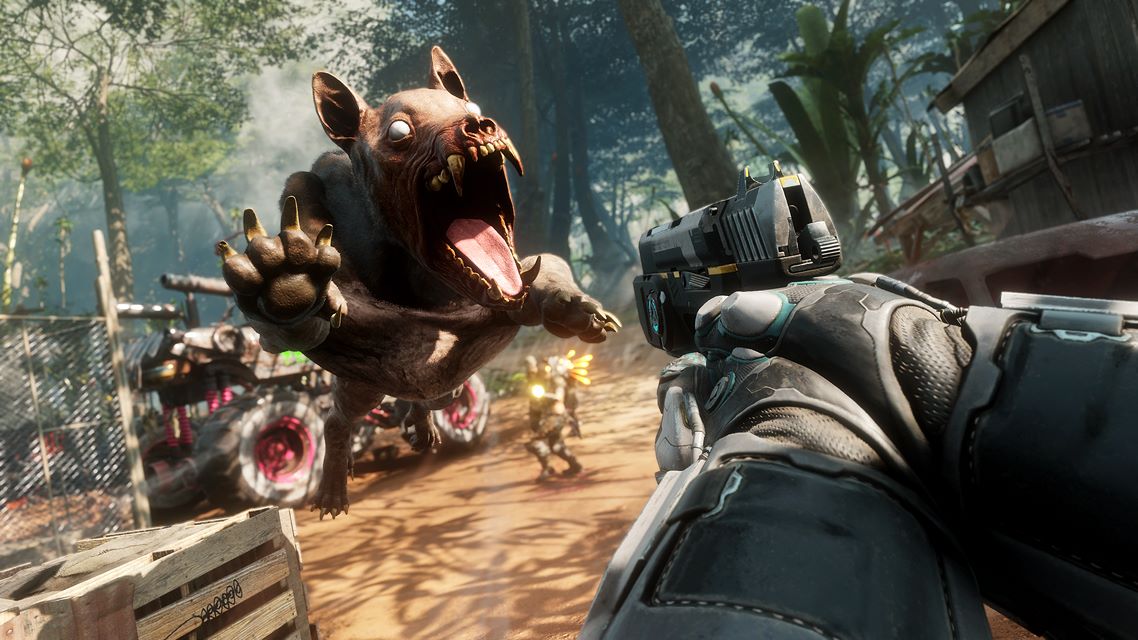 the player pointing his handgun at a rabbid mutant dog leaping forward