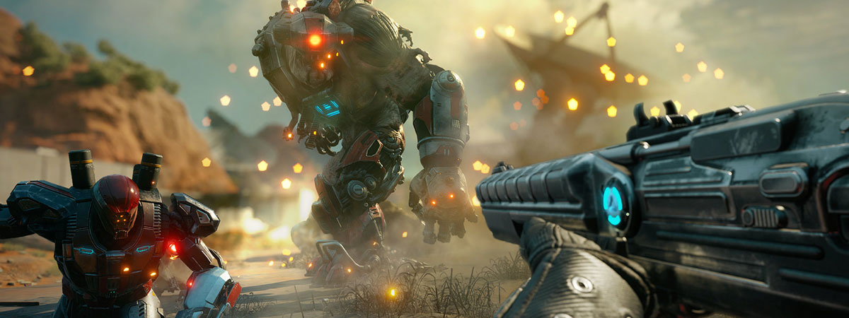  Two robots stand in front of the first person player character holding a gun 
