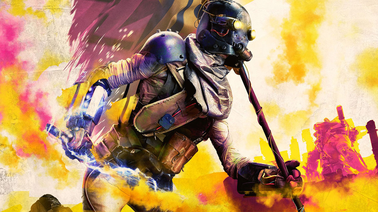 Rage 2 artwork showing a helmeted character holding an electrified knife while carrying a flag on a post through a purple and yellow smoke-filled battlefield