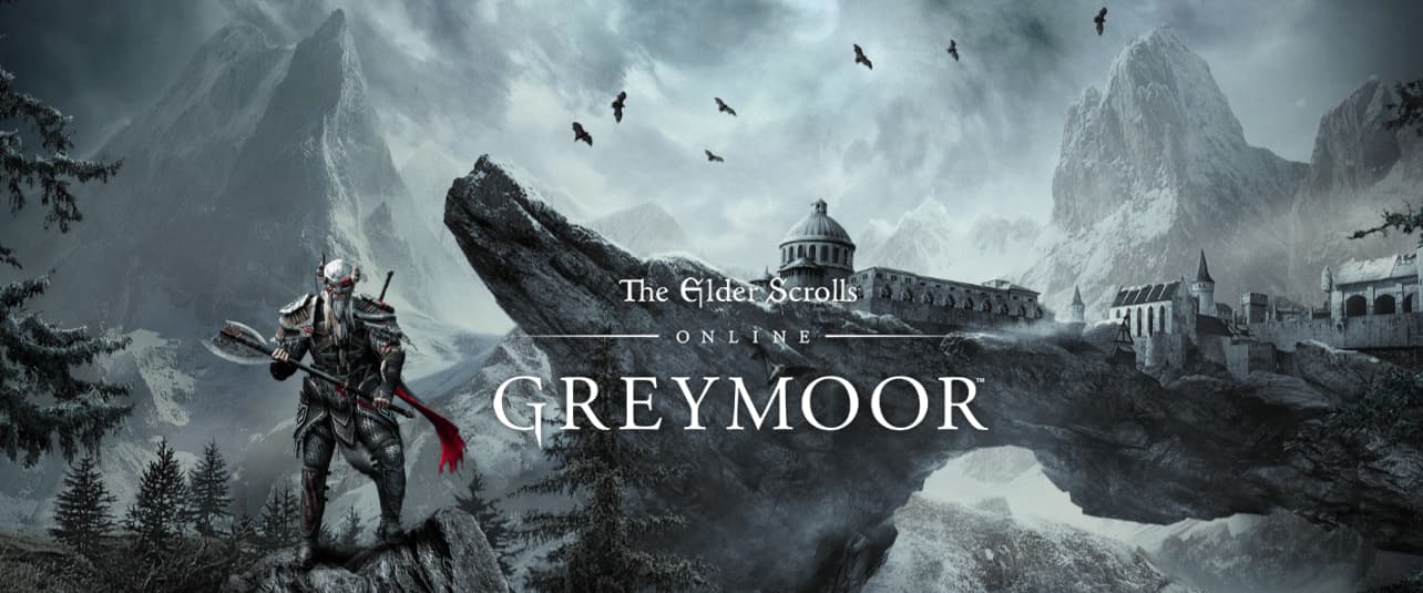 main banner for The Elder Scrolls Online: Greymoor showing a soldier standing againt the background of a castle