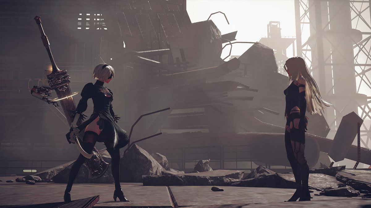 Nier:Automata Characters Facing One Another in a Destroyed Area