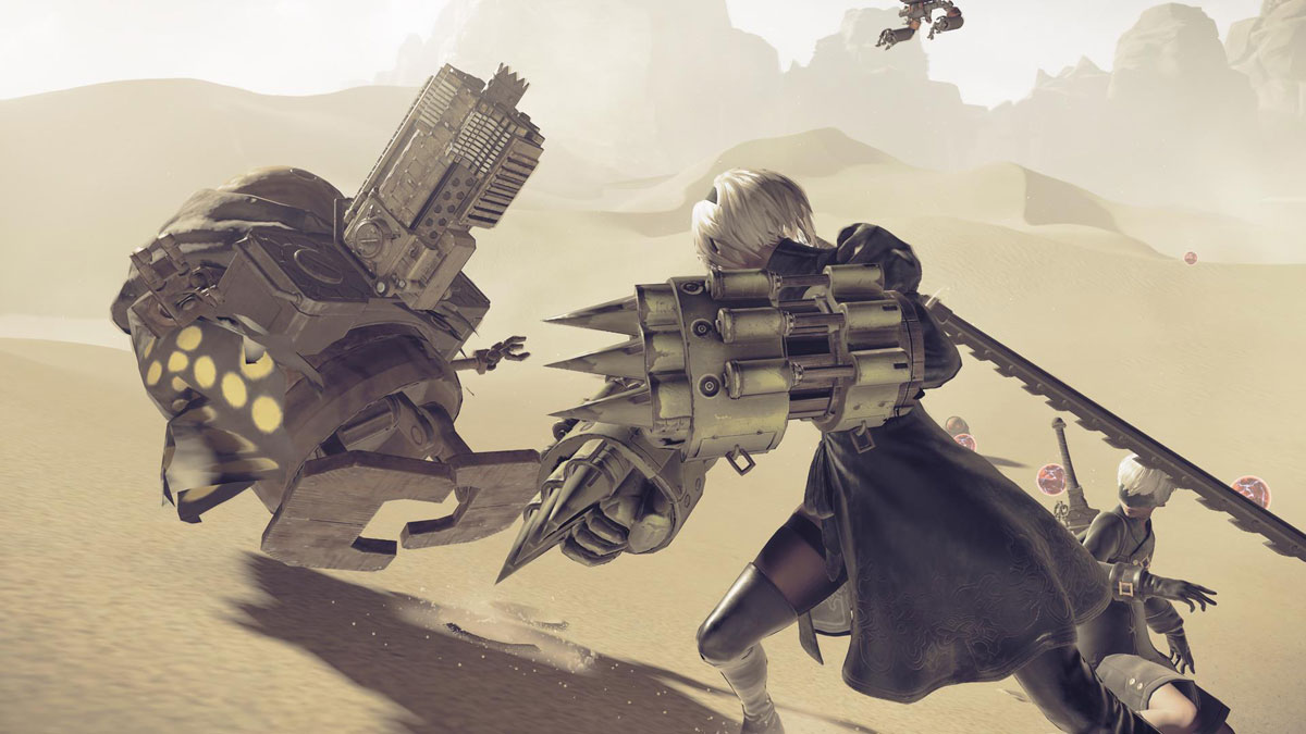 Nier:Automata 2B Attacing an Enemy with Large Metal Gloves with Large Spikes