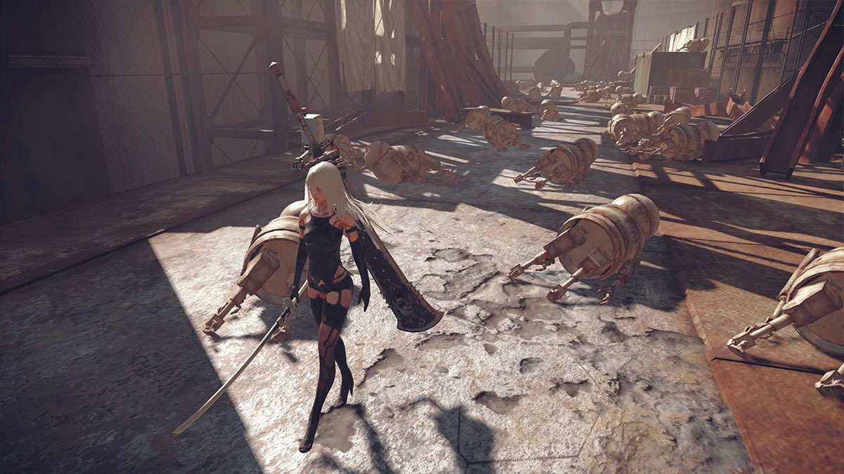 Nier:Automata A2 Walking Through a Field of Slain Enemies with Her Katana by Her Side