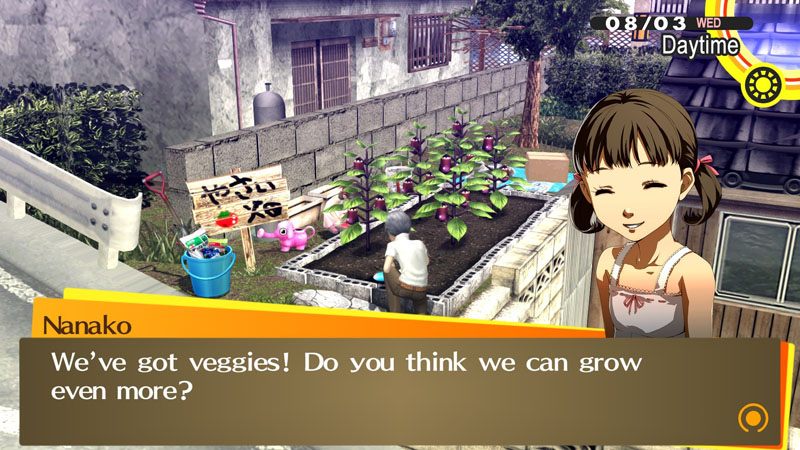 A boy is tendering to a field of eggplants while a girl is saying they've got veggies