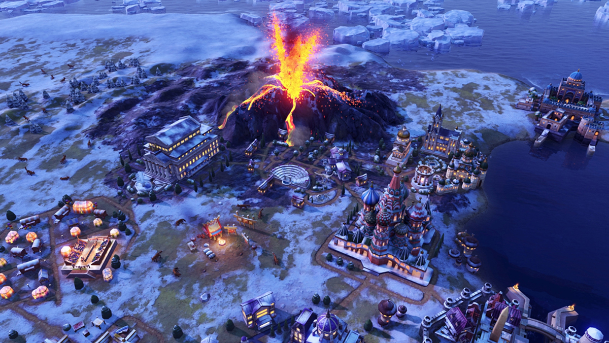 Civilization VI Screenshot Showing a Volcano Exploding Next to a Russian Cityscape