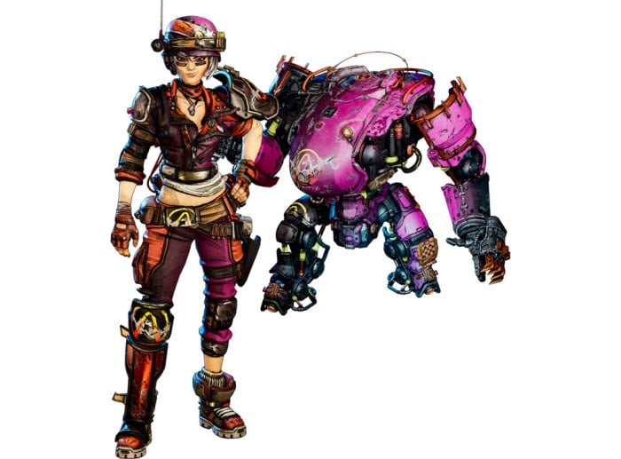 a female character standing with her robot companion flying in the air